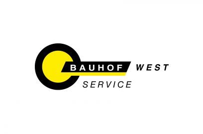 Logo von Bauhof West Service mit einem stilisierten schwarz-gelben Kreis und den Schriftzügen "BAUHOF WEST" und "SERVICE".